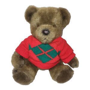 Vintage Charm Co Brown Jointed‎ Teddy Bear Plush Red Christmas Sweater 1985 13"
